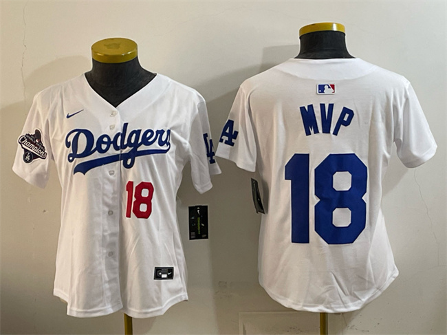 Women's Los Angeles Dodgers #18 MVP White 2025 World Series Champions Patch Limited Stitched Baseball Jersey(Run Small)