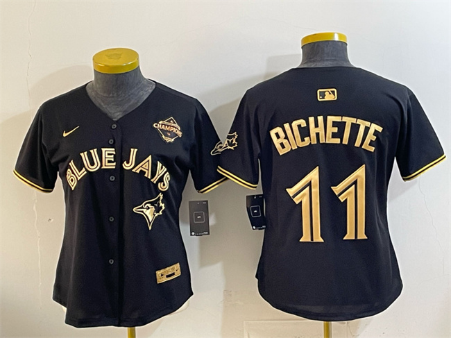 Women's Toronto Blue Jays #11 Bo Bichette Black Gold 2025 American League Champions Limited Stitched Baseball Jersey(Run Small)