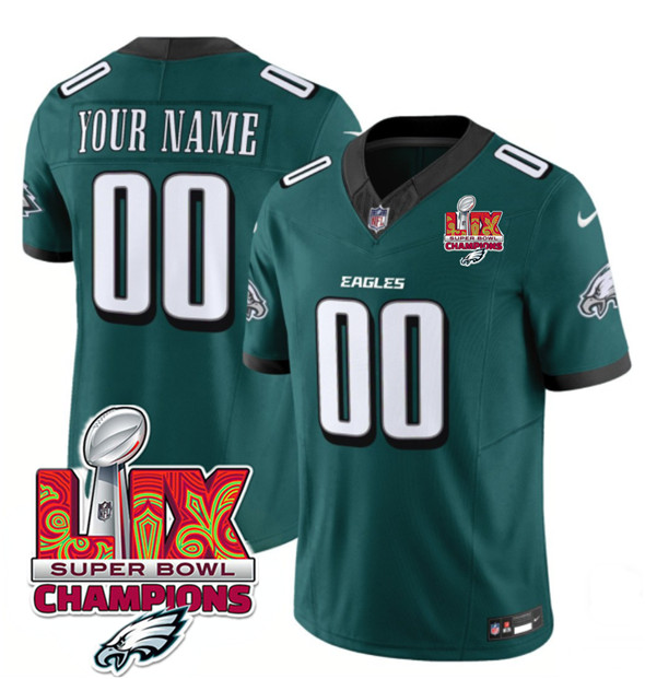 Men's Philadelphia Eagles Active Player Custom Green 2025 Eagles Logo Super Bowl LIX Patch New F.U.S.E. Vapor Limited Football Stitched Jersey