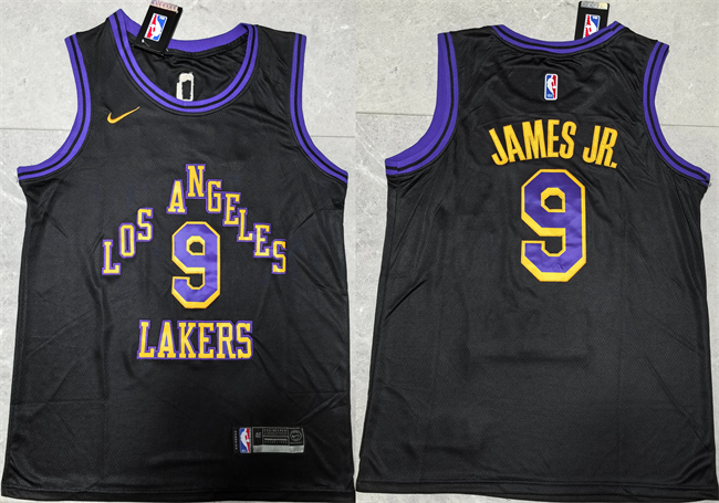 Mens Los Angeles Lakers #9 Bronny James Jr. Black 2024 Draft Stitched Basketball Jersey