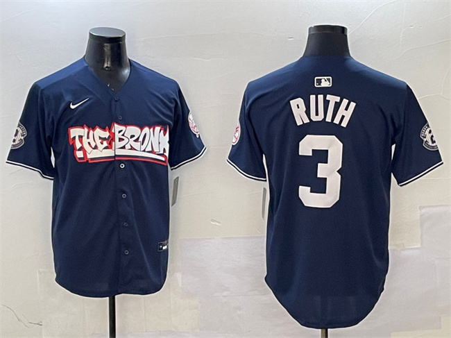 Men's New York Yankees #3 Babe Ruth Navy Bronx Graffiti Vapor Limited Stitched Baseball Jersey