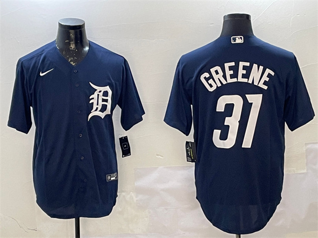 Men's Detroit Tigers #31 Riley Greene Navy Cool Base Stitched Baseball Jersey