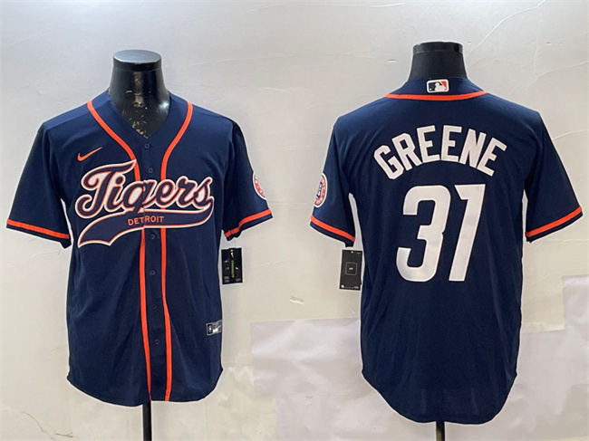 Men's Detroit Tigers #31 Riley Greene Navy With Patch Cool Base Stitched Baseball Jersey