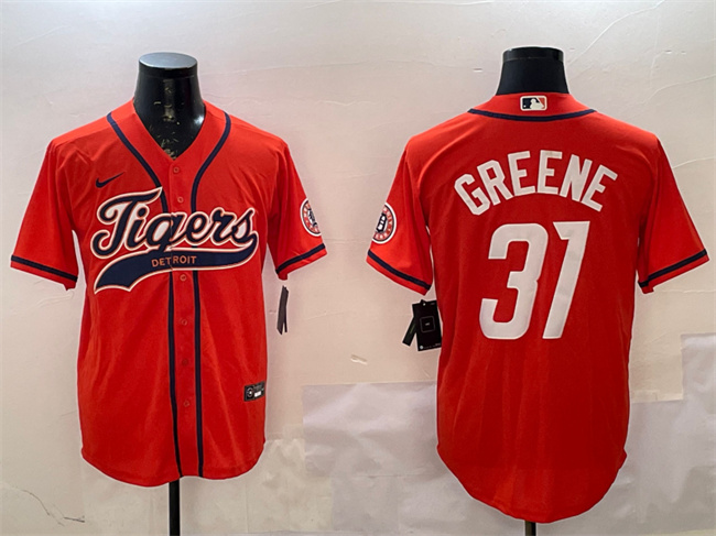 Men's Detroit Tigers #31 Riley Greene Orange With Patch Cool Base Stitched Baseball Jersey