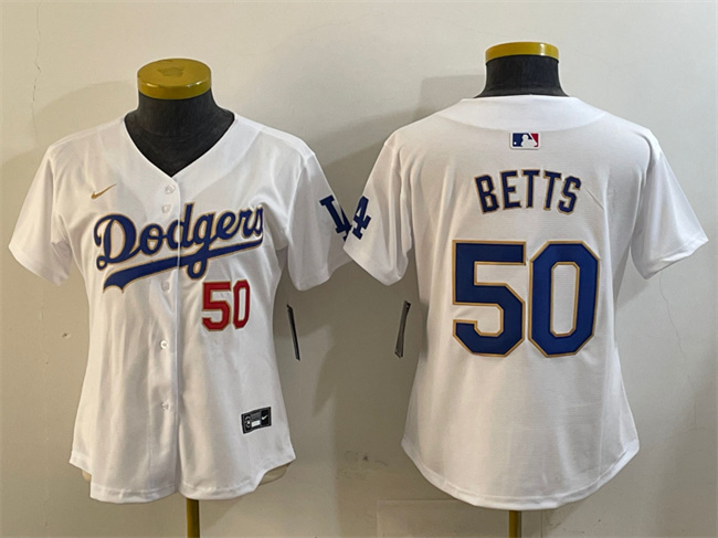 Women's Los Angeles Dodgers #50 Mookie Betts White Gold Home Limited Stitched Baseball Jersey(Run Small)
