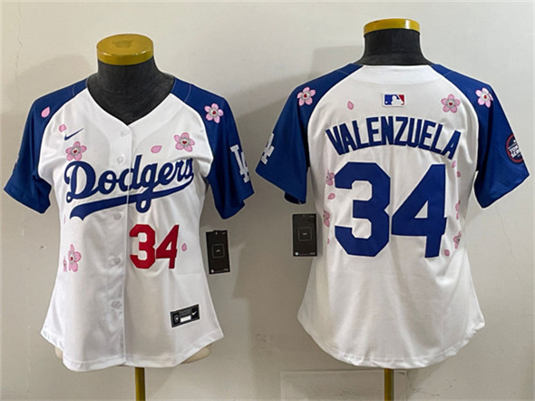 Women's Los Angeles Dodgers #34 Fernando Valenzuela White Royal 2025 Tokyo Series Limited Stitched Baseball Jersey(Run Small)