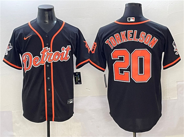 Men's Detroit Tigers #20 Spencer Torkelson Black With Patch Cool Base Stitched Baseball Jersey