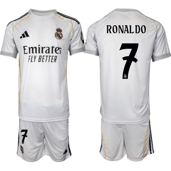 Men's Real Madrid #7 Ronaldo 25-26 White Home Soccer Jersey Suit