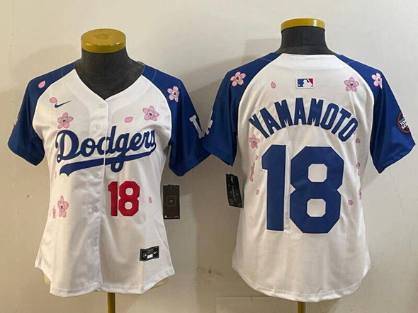 Women's Los Angeles Dodgers #18 Yoshinobu Yamamoto White Royal 2025 Tokyo Series Limited Stitched Baseball Jersey