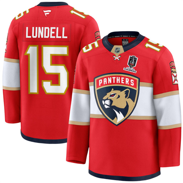 Men's Florida Panthers #15 Anton Lundell Red Home 2025 Stanley Cup Champions Patch Stitched Jersey
