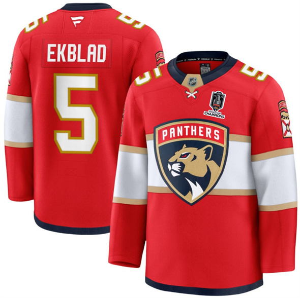 Men's Florida Panthers #5 Aaron Ekblad Red Home 2025 Stanley Cup Champions Patch Stitched Jersey