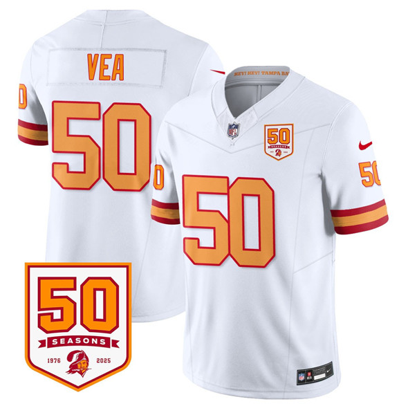 Men's Tampa Bay Buccaneers #50 Vita Vea White 2025 F.U.S.E. 50th Anniversary Patch Vapor Limited Football Stitched Jersey