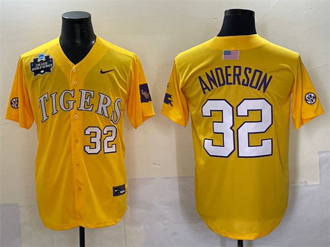 Men's LSU Tigers #32 Kade Anderson Gold 2025 World Series & SEC Patch Stitched Baseball Jersey