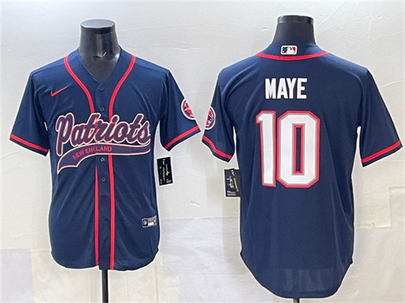 Men's New England Patriots #10 Drake Maye Navy With Path Cool Base Stitched Baseball Jersey