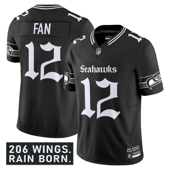Men's Seattle Seahawks #12 Fan Black 2025 F.U.S.E. 'Gothic Rain City Shadows Edition' Vapor Limited Football Stitched Jersey
