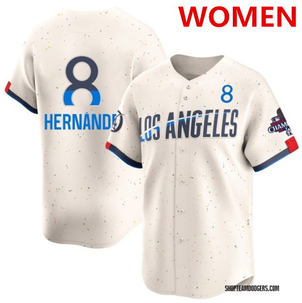 Women's Los Angeles Dodgers #8 Enrique Hernández Cream 2024 World Series Champions Patch City Connect Limited Stitched Baseball Jersey