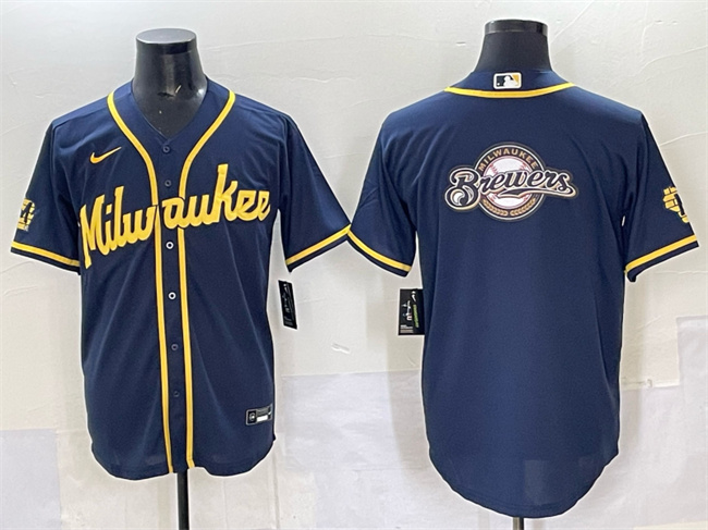 Men's Milwaukee Brewers Team Big Logo Navy 2025 With Patch Stitched Baseball Jersey