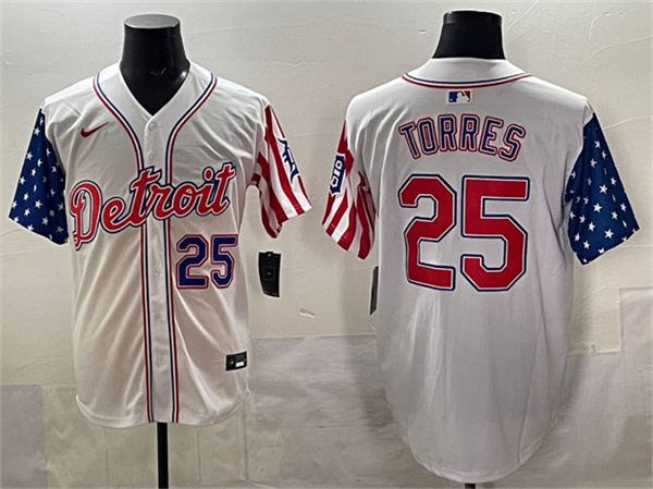 Men's Detroit Tigers #25 Gleyber Torres White 2025 Memorial Day Vapor Premier Limited Stitched Baseball Jersey