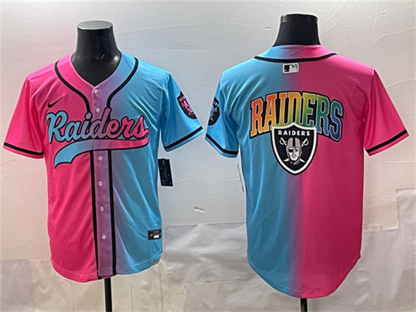 Men's Las Vegas Raiders Team Big Logo Pink Blue Limited Stitched Baseball Jersey
