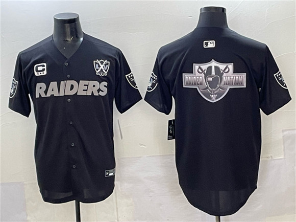 Men's Las Vegas Raiders Team Big Logo Black With Nevada Silver Stat Patch And 65th Anniversary Patch 3-Star C Patch Stitched Baseball Jersey