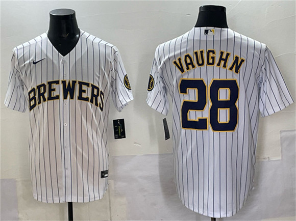 Men's Milwaukee Brewers #28 Andrew Vaughn White Pinstripe 2025 With Patch Stitched Baseball Jersey