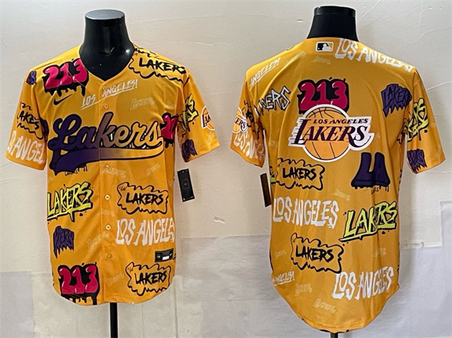 Men's Los Angeles Lakers Team Big Logo Yellow Limited Stitched Baseball Jersey