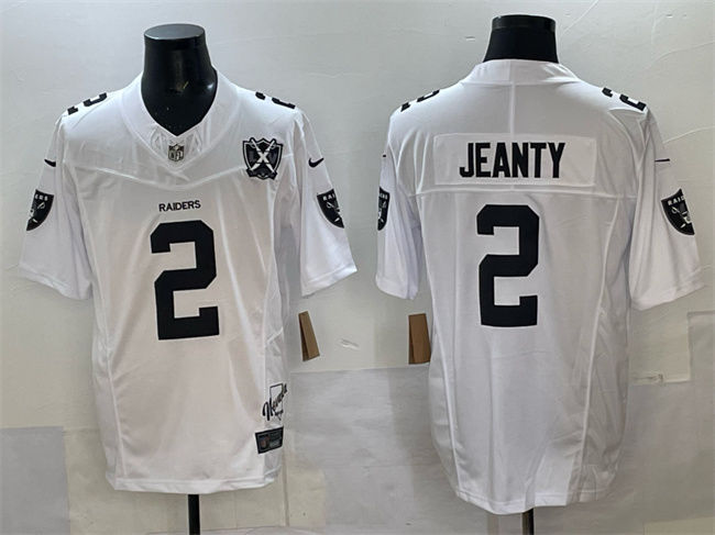 Men's Las Vegas Raiders #2 Ashton Jeanty White 2025 Draft F.U.S.E. With Nevada Silver Stat Patch And 65th Anniversary Patch Stitched Football Jersey