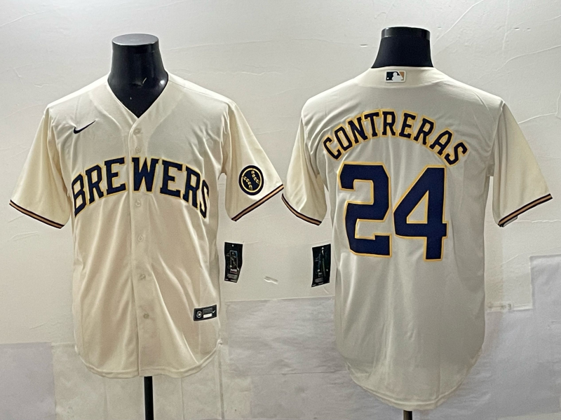 Men's Milwaukee Brewers #24 William Contreras Cream With Patch Stitched Baseball Jersey