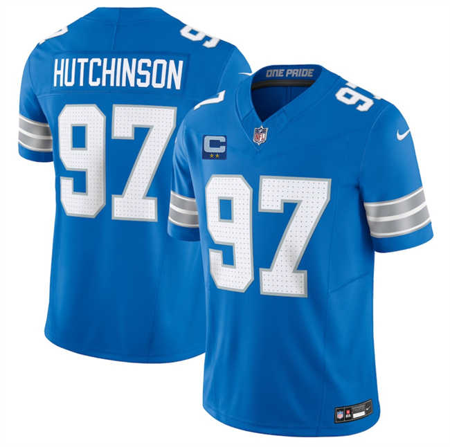 Men's Detroit Lions #97 Aidan Hutchinson Blue 2025 F.U.S.E. With 2-Star C Patch Vapor Limited Football Stitched Game Jersey