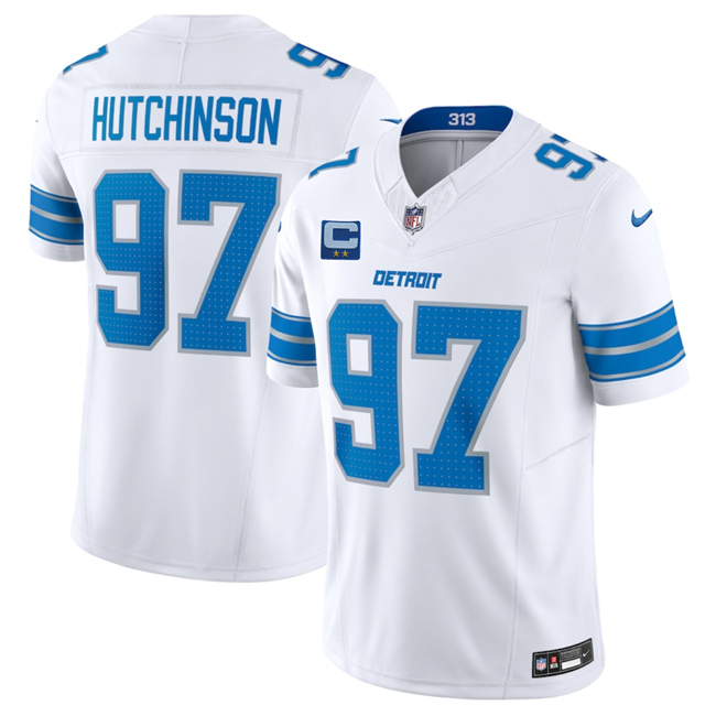Men's Detroit Lions #97 Aidan Hutchinson White 2025 F.U.S.E. With 2-Star C Patch Vapor Limited Football Stitched Game Jersey