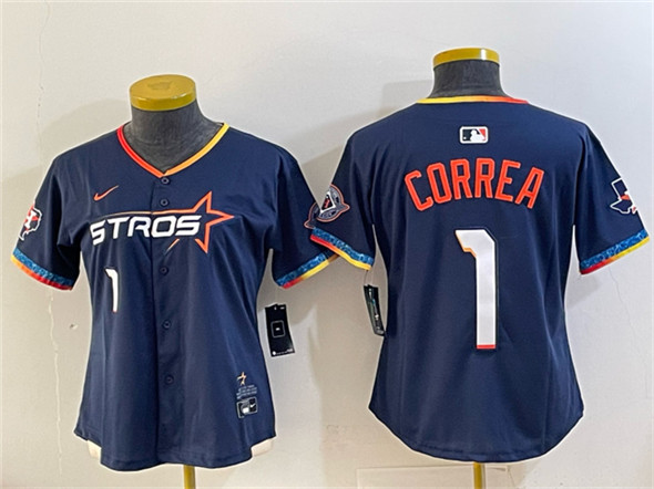 Women's Houston Astros #1 Carlos Correa Navy 2025 City Connect With Texas Patch Limited Stitched Baseball Jersey(Run Small)