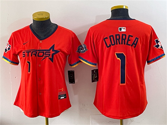 Women's Houston Astros #1 Carlos Correa Orange 2025 City Connect With Texas Patch Limited Stitched Baseball Jersey(Run Small)