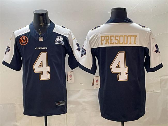 Men's Dallas Cowboys #4 Dak Prescott Navy F.U.S.E. With John Madden Patch & Established In 1960 Patch Thanksgiving Vapor Limited Stitched Football Jersey