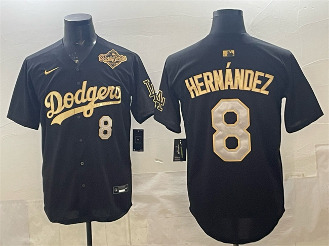 Men's Los Angeles Dodgers #8 Enrique Hernández Black Gold 2025 World Series Patch Limited Stitched Baseball Jersey