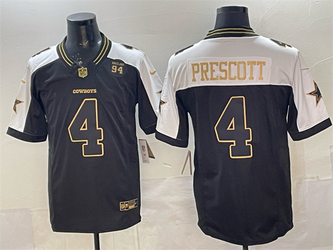 Men's Dallas Cowboys #4 Dak Prescott Black Gold 2025 F.U.S.E. 94 Marshawn Kneeland Memorial Patch Vapor Limited Stitched Football Jersey