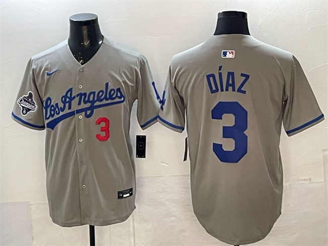 Men's Los Angeles Dodgers #3 Edwin Díaz Grey With 2025 World Series Champions Patch Limited Stitched Baseball Jersey