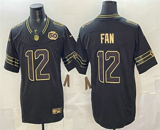 Men's Seattle Seahawks #12 Fan Black Gold 2025 FUSE 50th Season Patch Limited Stitched Jersey