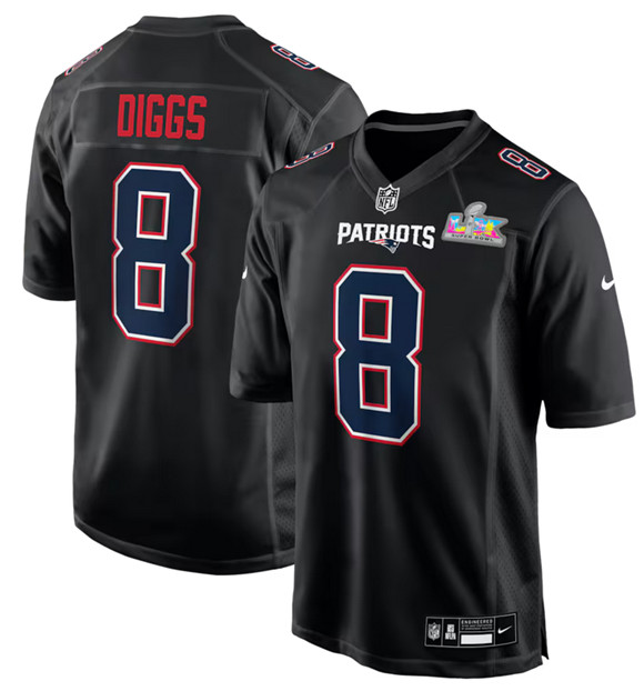 Men's New England Patriots #8 Stefon Diggs Black 2025 Super Bowl LX Patch Carbon Fashion Stitched Game Jersey