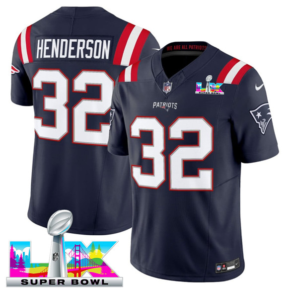 Men's New England Patriots #32 TreVeyon Henderson Navy 2025 F.U.S.E. Super Bowl LX Patch Limited Football Stitched Jersey