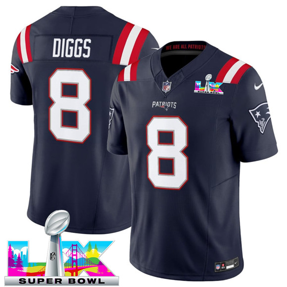 Men's New England Patriots #8 Stefon Diggs Navy 2025 F.U.S.E. Super Bowl LX Patch Vapor Limited Football Stitched Jersey