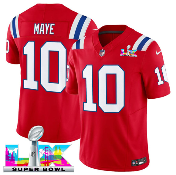 Men's New England Patriots #10 Drake Maye Red 2025 F.U.S.E. Super Bowl LX Patch Vapor Limited Football Stitched Jersey