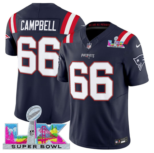 Men's New England Patriots #66 Will Campbell Navy 2025 F.U.S.E. Super Bowl LX Patch Vapor Limited Football Stitched Jersey