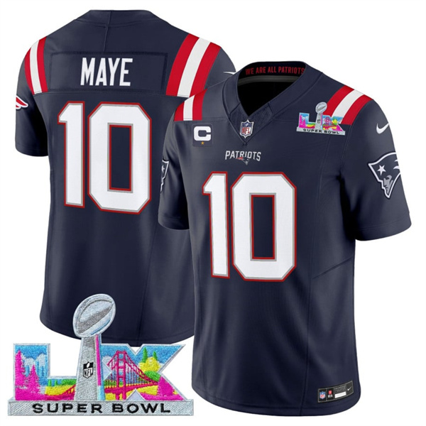 Men's New England Patriots #10 Drake Maye Navy 2025 F.U.S.E. Super Bowl LX Patch And 1-Star C Patch Vapor Limited Football Stitched Jersey