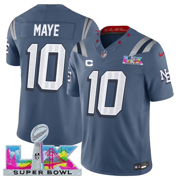 Men's New England Patriots #10 Drake Maye Storm Blue 2025 F.U.S.E. Super Bowl LX Patch And 1-Star C Patch “Rivalries” Vapor Limited Football Stitched Jersey
