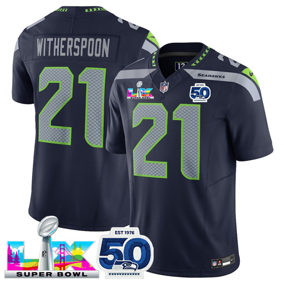 Men's Seattle Seahawks #21 Devon Witherspoon Navy 2025 F.U.S.E. Super Bowl LX Patch And 50th Season Patch Vapor Limited Football Stitched Jersey