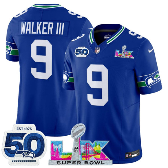 Men's Seattle Seahawks #9 Kenneth Walker III Royal 2025 F.U.S.E. Super Bowl LX Patch And 50th Season Patch Vapor Throwback Limited Football Stitched Jersey