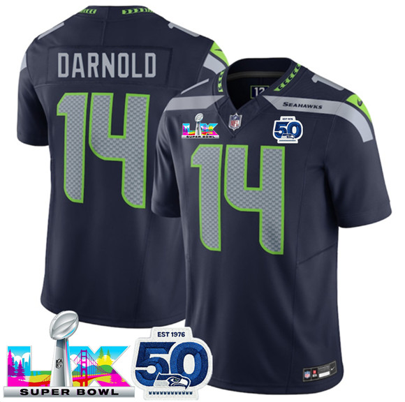 Men's Seattle Seahawks #14 Sam Darnold Navy 2025 F.U.S.E. Super Bowl LX Patch And 50th Season Patch Vapor Limited Football Stitched Jersey