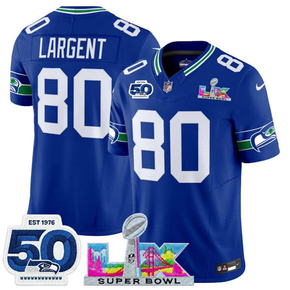 Men's Seattle Seahawks #80 Steve Largent Royal 2025 F.U.S.E. Super Bowl LX Patch And 50th Season Patch Vapor Throwback Limited Football Stitched Jersey
