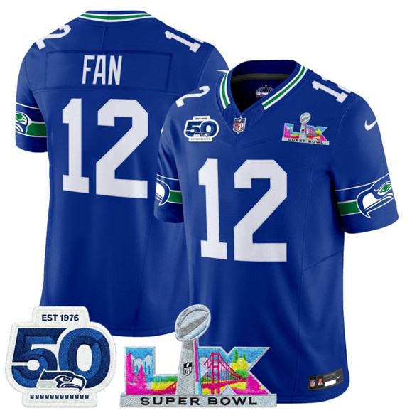 Men's Seattle Seahawks #12 Fan Royal 2025 F.U.S.E. Super Bowl LX Patch And 50th Season Patch Vapor Throwback Limited Football Stitched Jersey