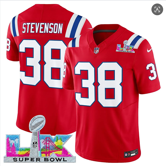 Men's New England Patriots #38 Rhamondre Stevenson Red 2025 F.U.S.E. Super Bowl LX Patch Vapor Limited Football Stitched Jersey